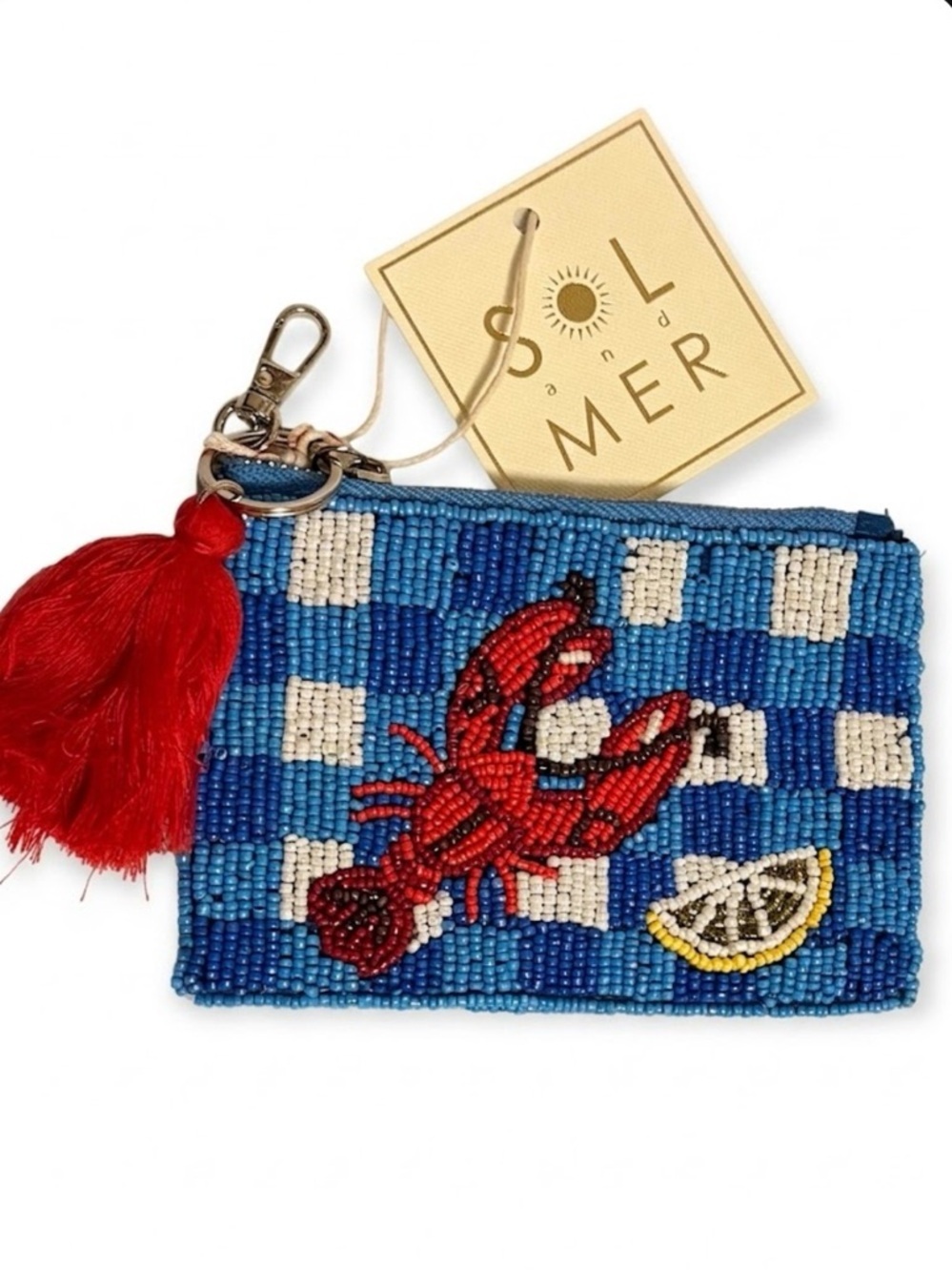 SOL & MER Beaded Lobster Coin Purse Pouch Gingham Blue